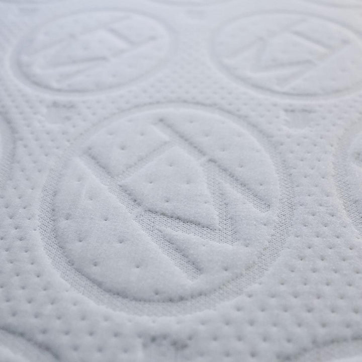 close up of haven jr 6" mattress with embossed logo. Bed materials are all plant based 