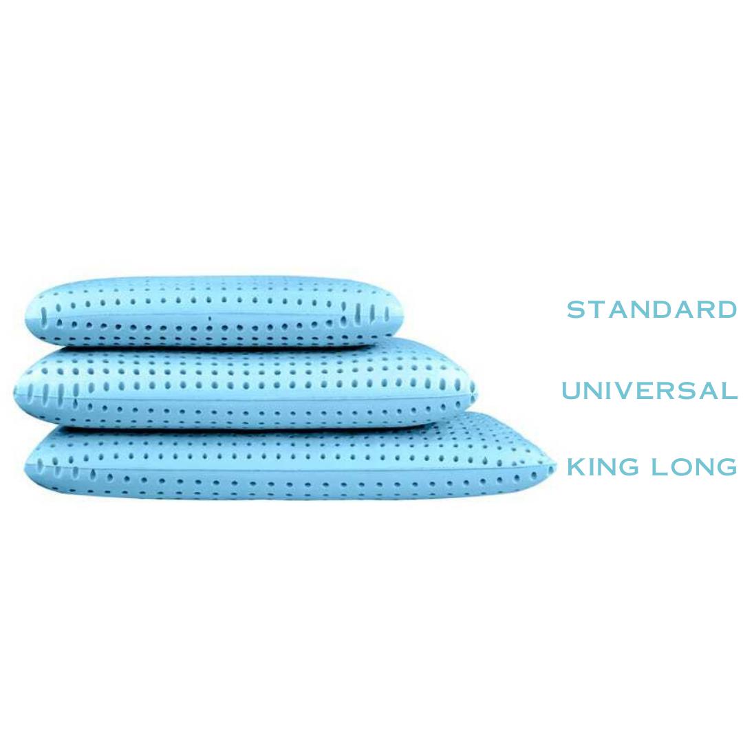 Three pillows in a stack showing different size comparisons standard universal king long